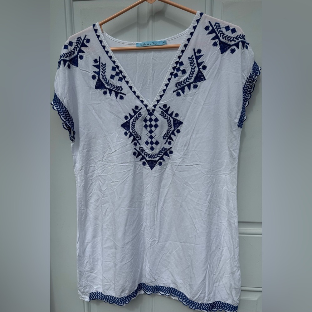 Solitaire White Blouse with Navy Embroidery